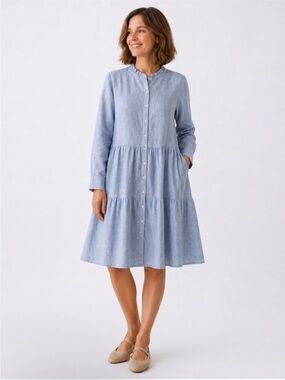 Alice Walk Linen Tiered Shirt Dress Soft Blue New Size Large